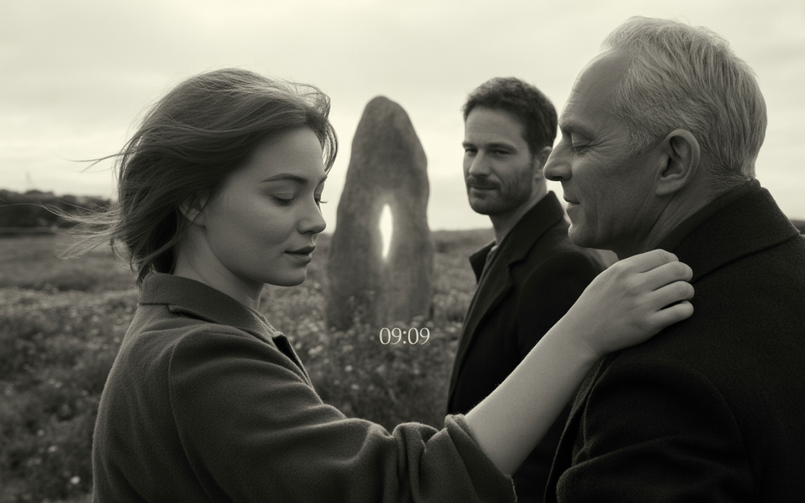 Trois personnes au premier plan, en noir et blanc, devant un monolithe. Une femme touche l'épaule d'un homme. Ambiance contemplative.