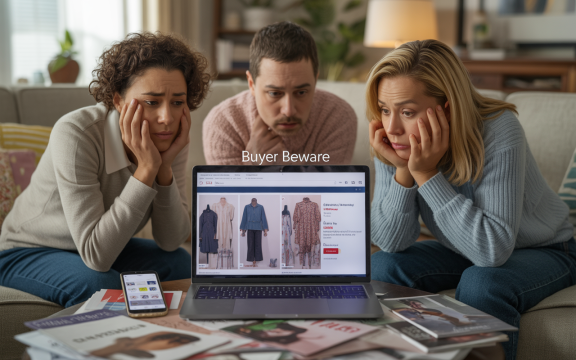 Trois personnes semblent préoccupées, regardant un ordinateur portable affichant des vêtements, avec le texte "Buyer Beware".