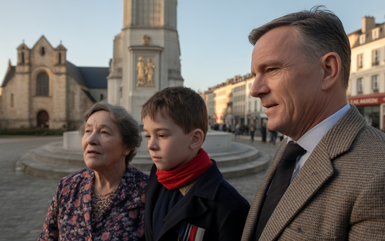 Trois personnes, une femme âgée, un jeune garçon et un homme, contemplent un monument près d'une église. Lumière douce du soir.