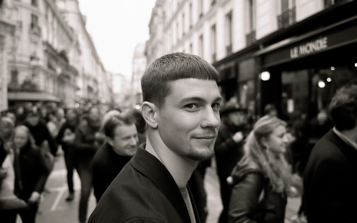 Un jeune homme souriant au milieu d'une foule dans une rue parisienne, en noir et blanc, avec des bâtiments en arrière-plan.