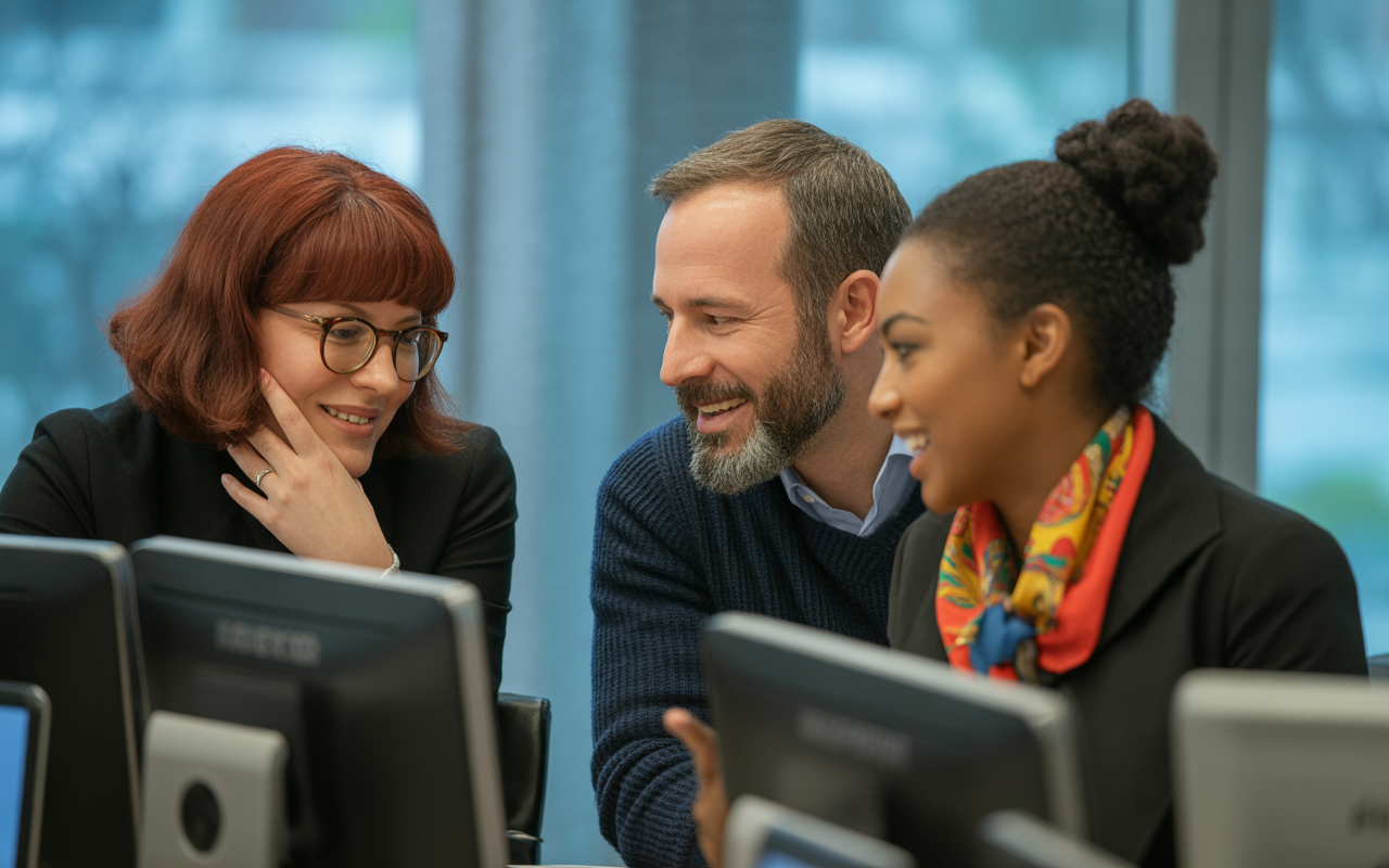 Trois personnes souriantes discutent autour d'ordinateurs, dans un environnement lumineux et moderne. Une ambiance collaborative et amicale se dégage.