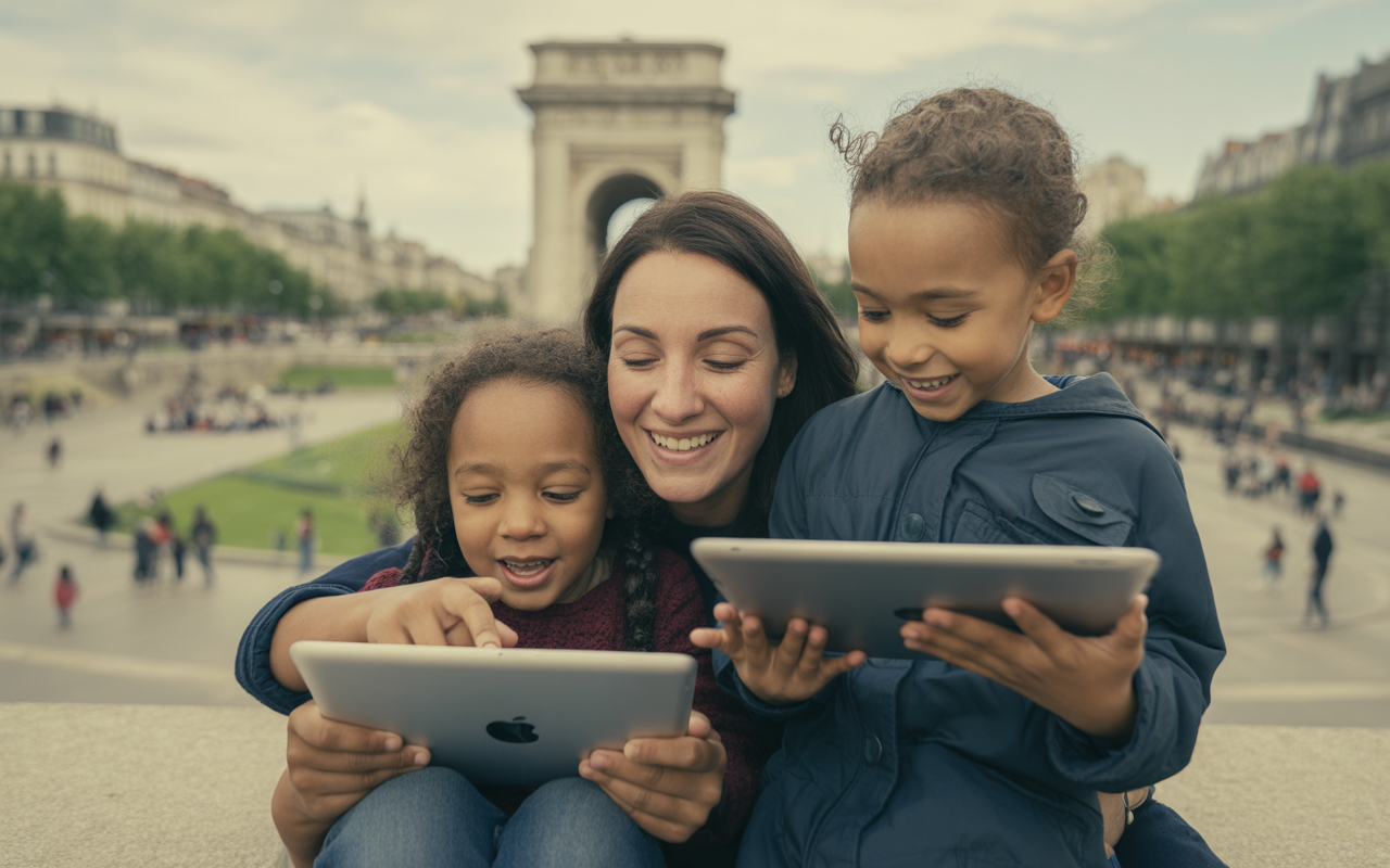 Une femme et deux enfants souriants, jouant avec des tablettes, devant un monument dans un parc urbain.