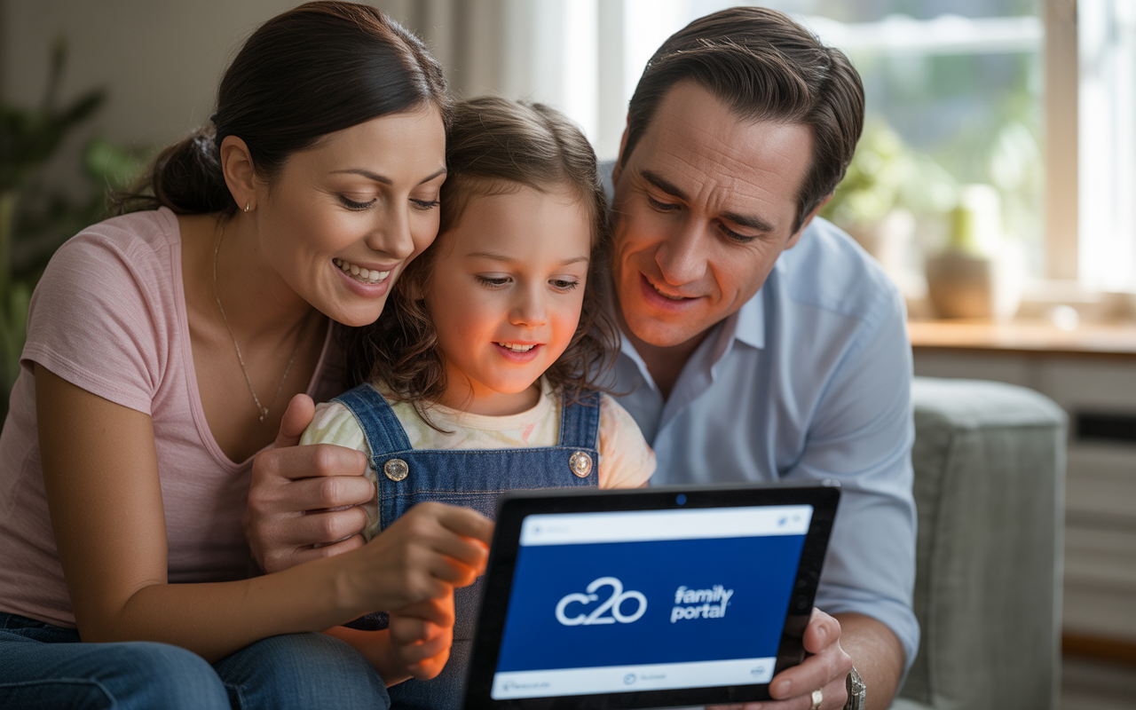 Une famille heureuse, assise sur un canapé, regarde un écran de tablette affichant "c20 family portal", partageant un moment ensemble.