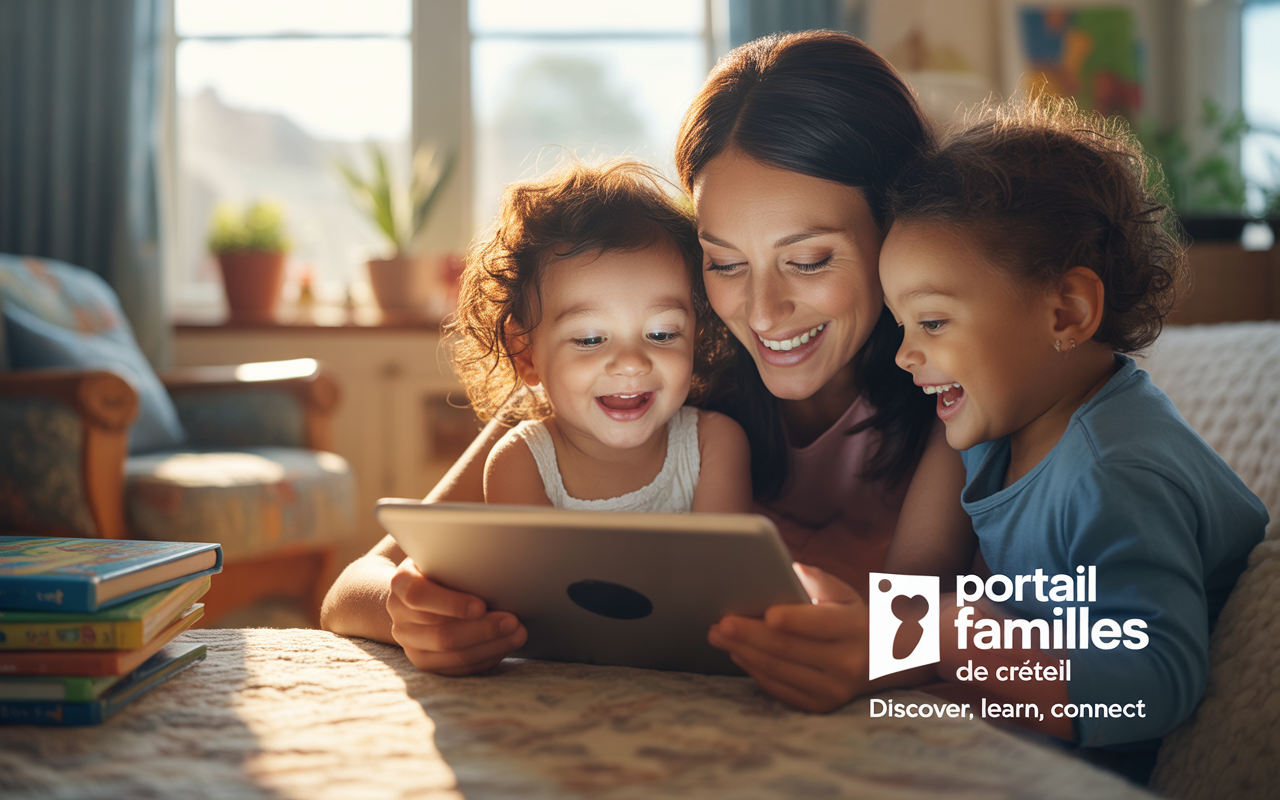 Une mère souriante partage un moment joyeux avec deux enfants, regardant une tablette ensemble dans un salon lumineux.