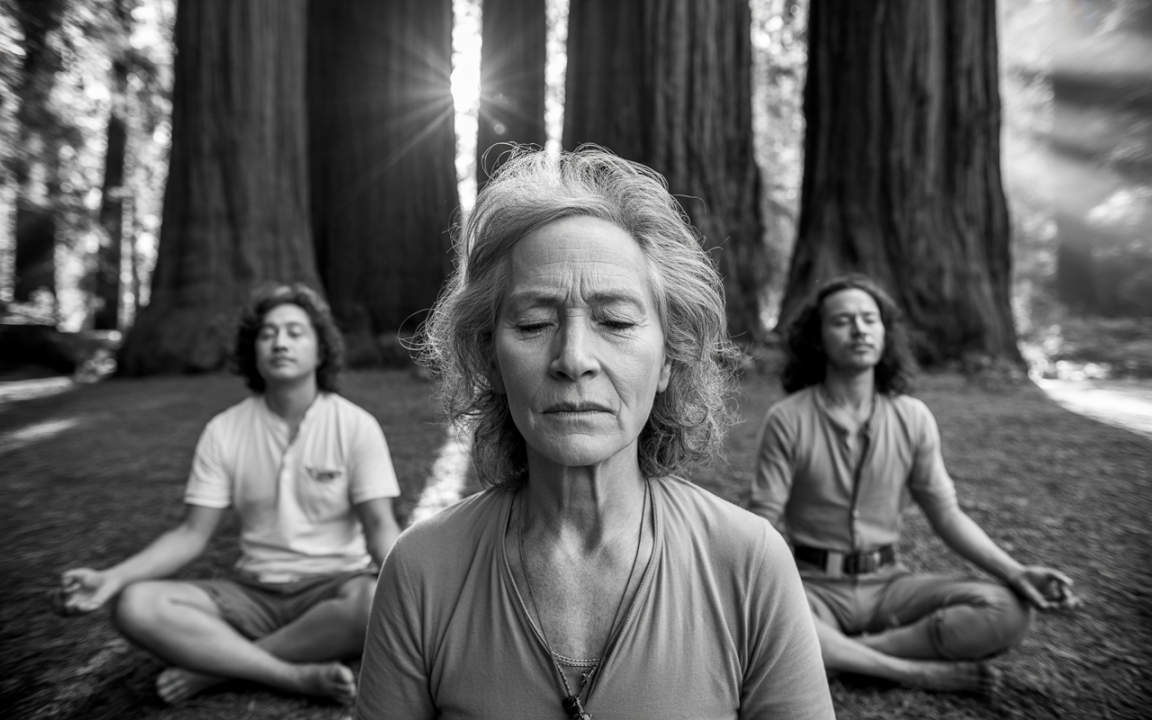 Trois personnes méditent en harmonie au milieu de séquoias majestueux, capturant une atmosphère sereine et contemplative en noir et blanc.