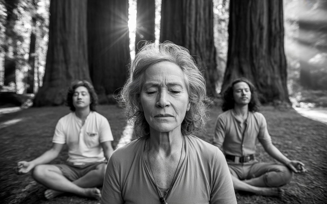 Trois personnes méditent en harmonie au milieu de séquoias majestueux, capturant une atmosphère sereine et contemplative en noir et blanc.