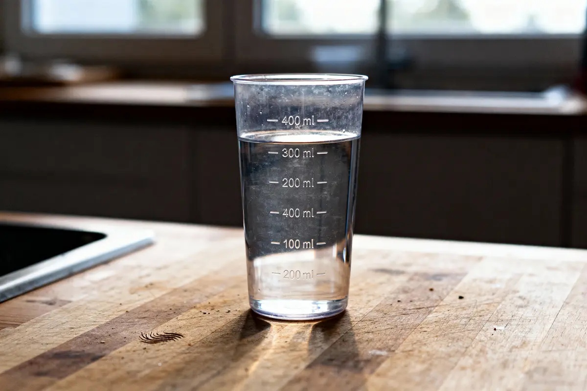 Verre gradué contenant de l'eau, posé sur une table en bois, fond flou de cuisine.