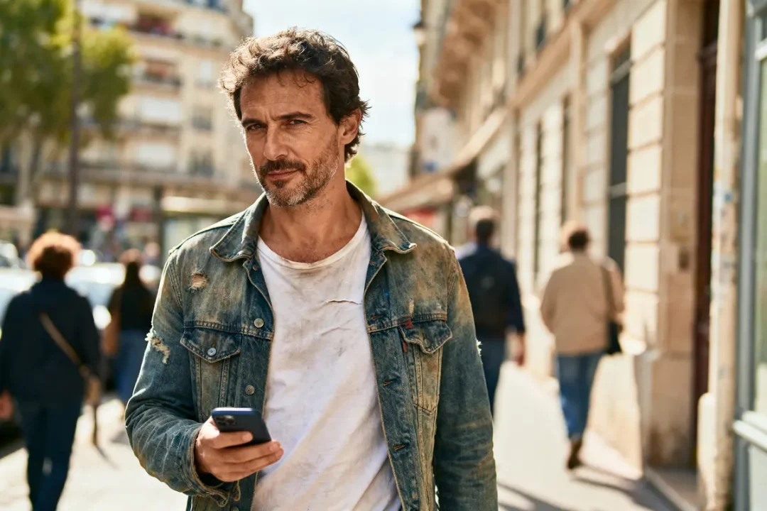 Homme barbu en veste jean, tenant un smartphone, marchant sur un trottoir urbain ensoleillé, arrière-plan flou.