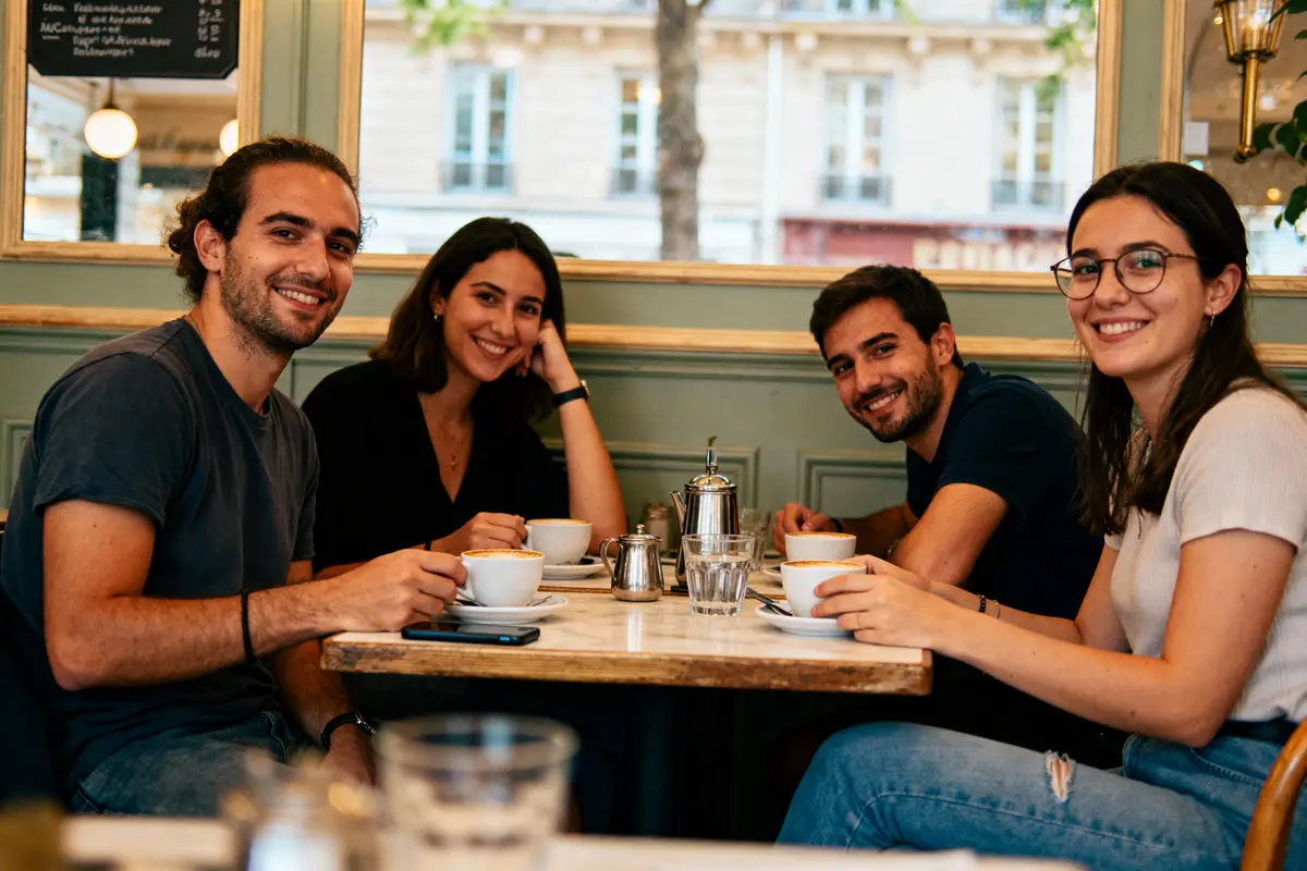 Quatre personnes souriantes, assises autour d'une table de café, boivent des boissons chaudes à l'intérieur.