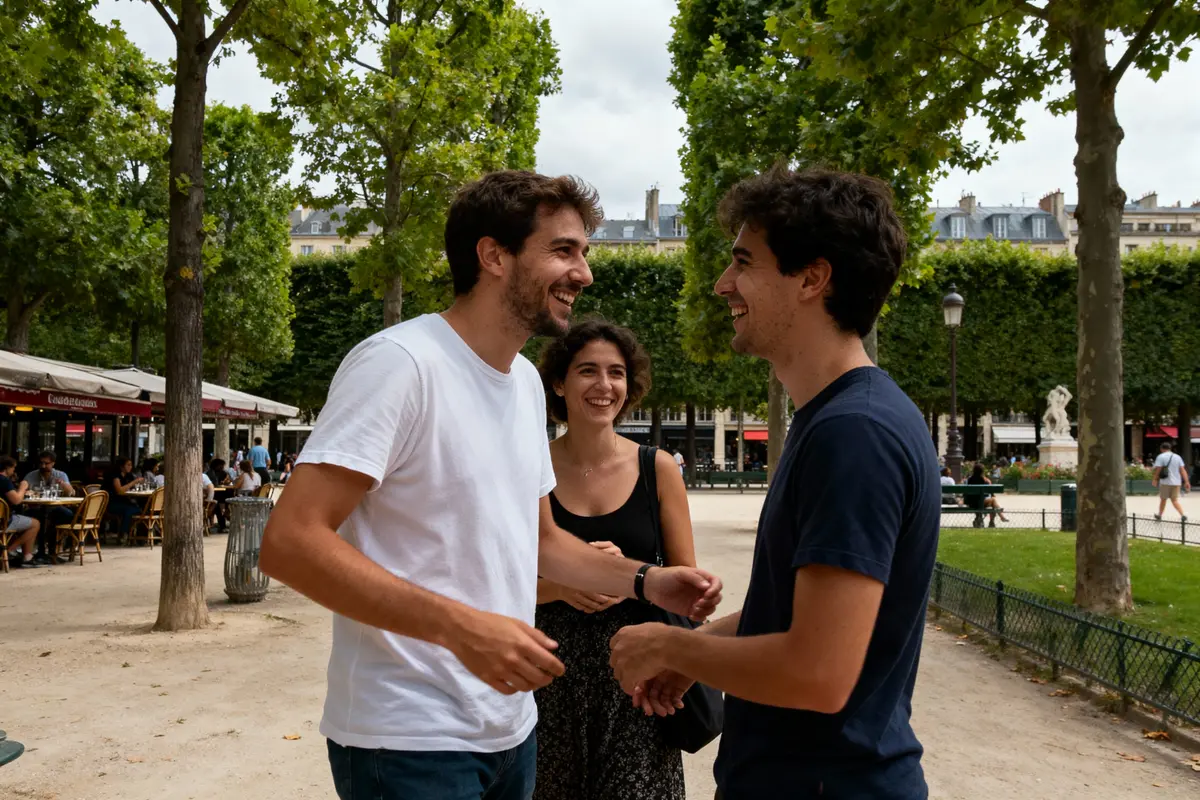 Trois personnes souriantes discutent dans un parc bordé d'arbres, terrasse de café en arrière-plan.