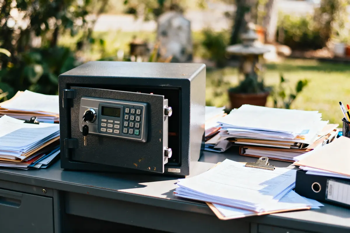 Coffre-fort ouvert avec clavier numérique sur bureau extérieur entouré de piles de documents et classeurs.