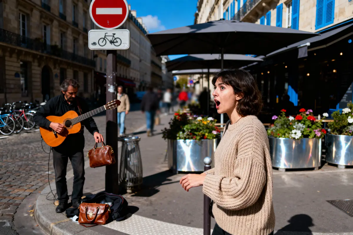 Un musicien de rue joue de la guitare, femme étonnée sur le trottoir, ville animée en arrière-plan.