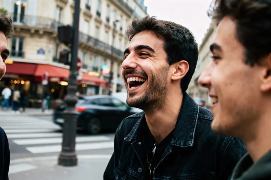 Trois hommes sourient et rient ensemble dans une rue animée avec des bâtiments en arrière-plan.