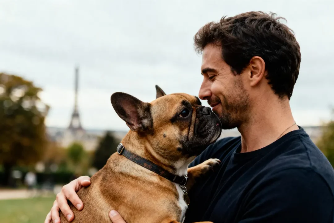 Homme souriant tenant un bouledogue français devant la Tour Eiffel floue, extérieur.