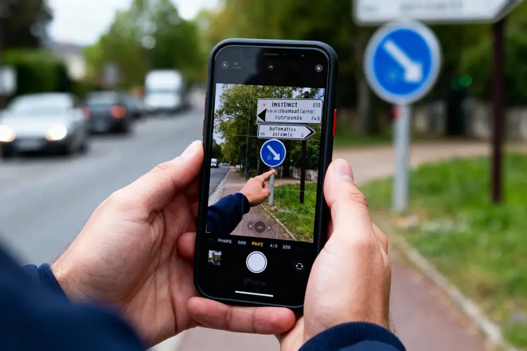 Personne photographiant des panneaux de signalisation routière avec un téléphone, montrant un pointage du doigt.
