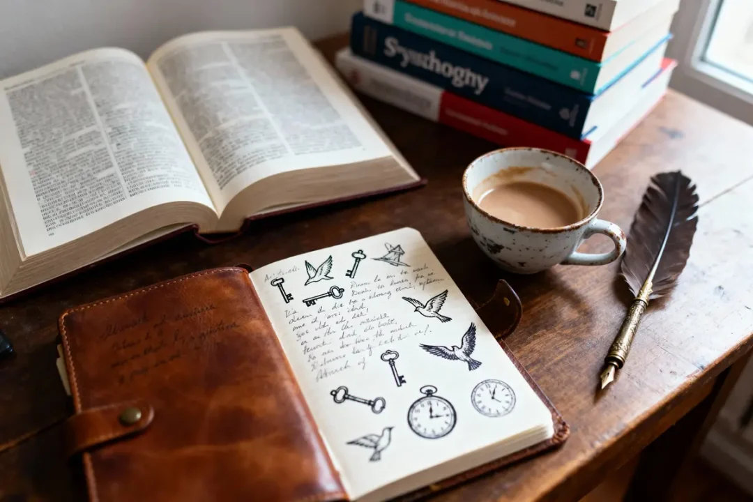 Carnet avec croquis et texte, livre ouvert, tasse de café, plume et livres empilés sur une table en bois.