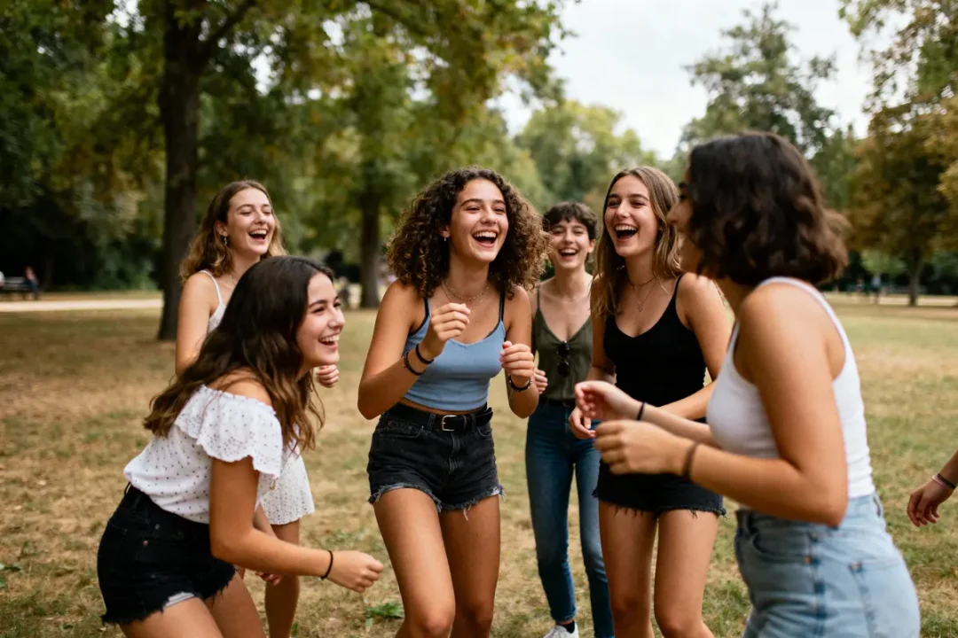 Groupe de jeunes femmes riant ensemble dans un parc verdoyant par une journée ensoleillée.