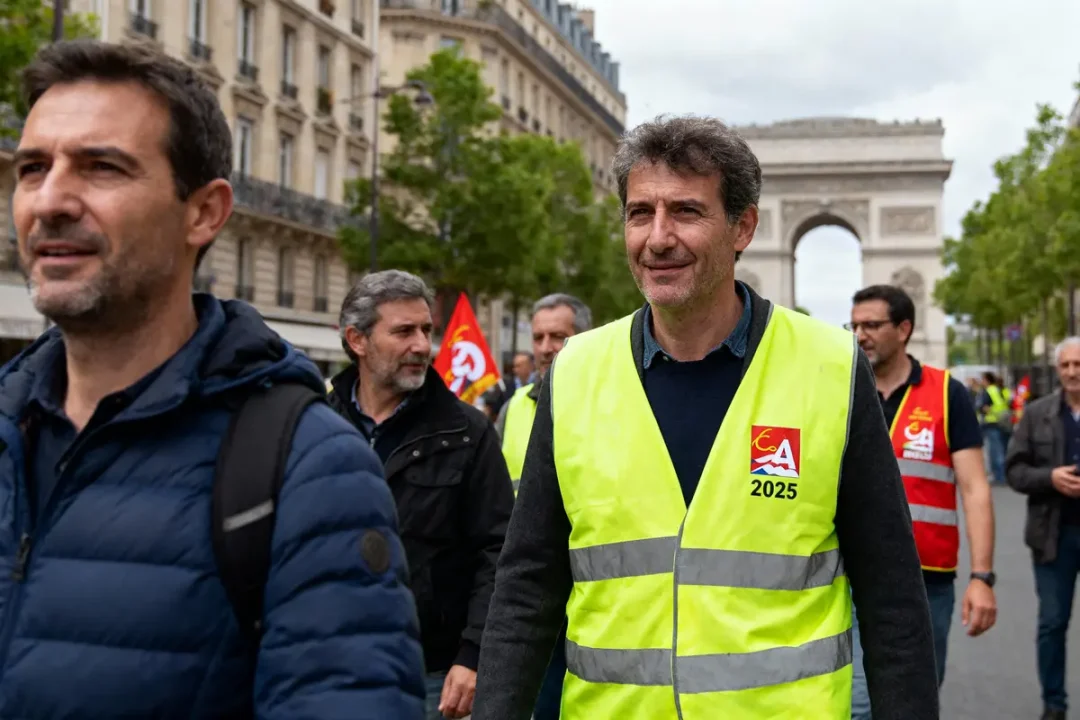 Manifestants portant des gilets jaunes et rouges à Paris, Arc de Triomphe en arrière-plan.