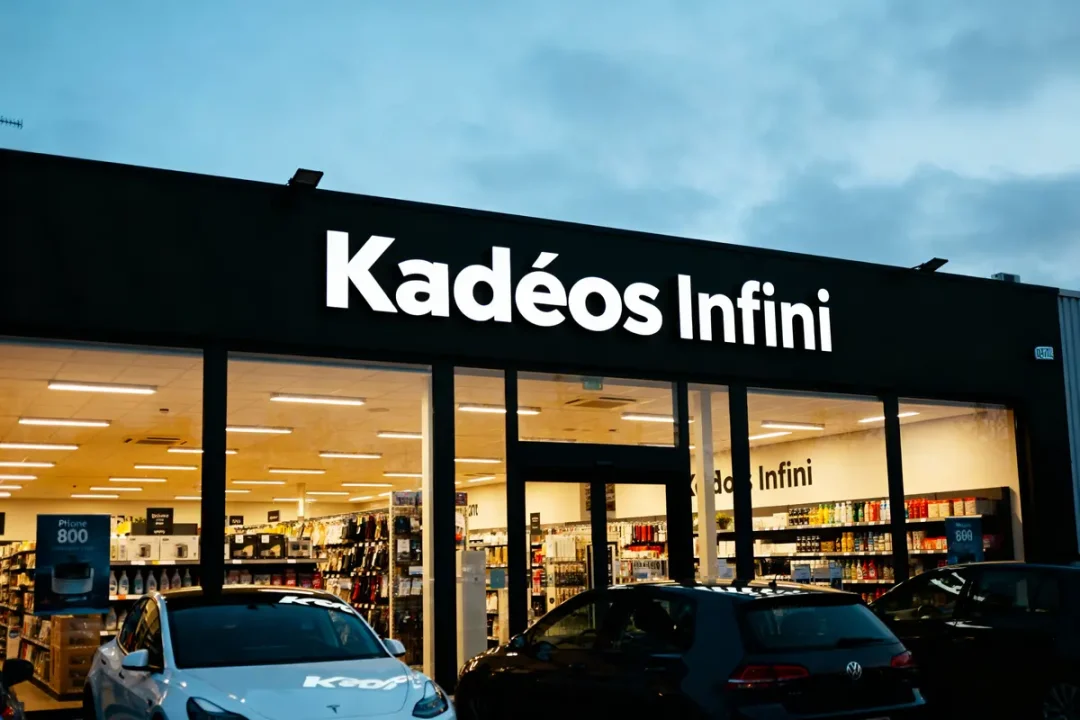 Façade de magasin Kadéos Infini, avec vitrines illuminées et voitures garées devant, au crépuscule.