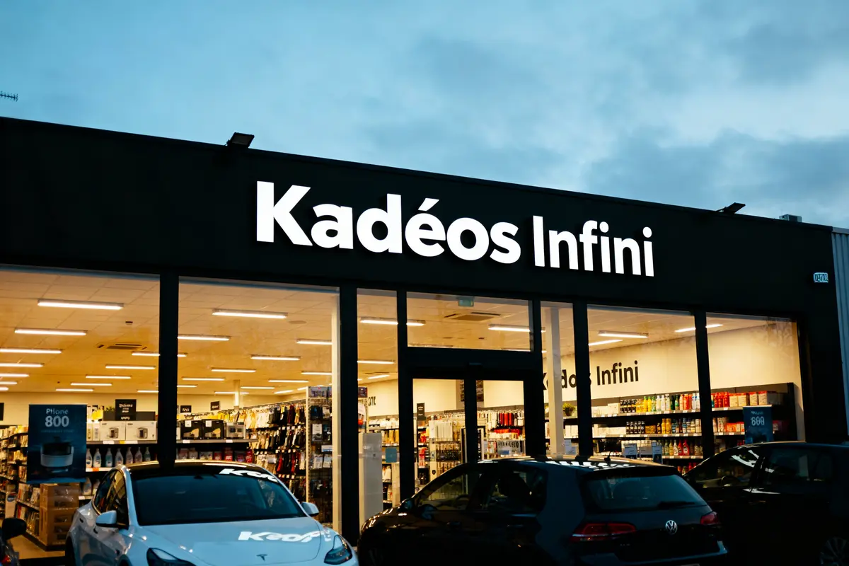 Façade de magasin Kadéos Infini, avec vitrines illuminées et voitures garées devant, au crépuscule.