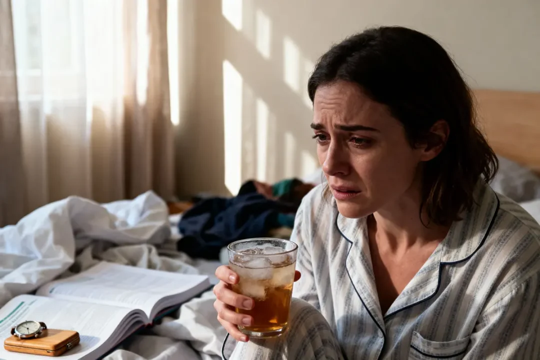 Femme en pyjama triste, tenant verre, assise sur lit désordonné près de livre ouvert.
