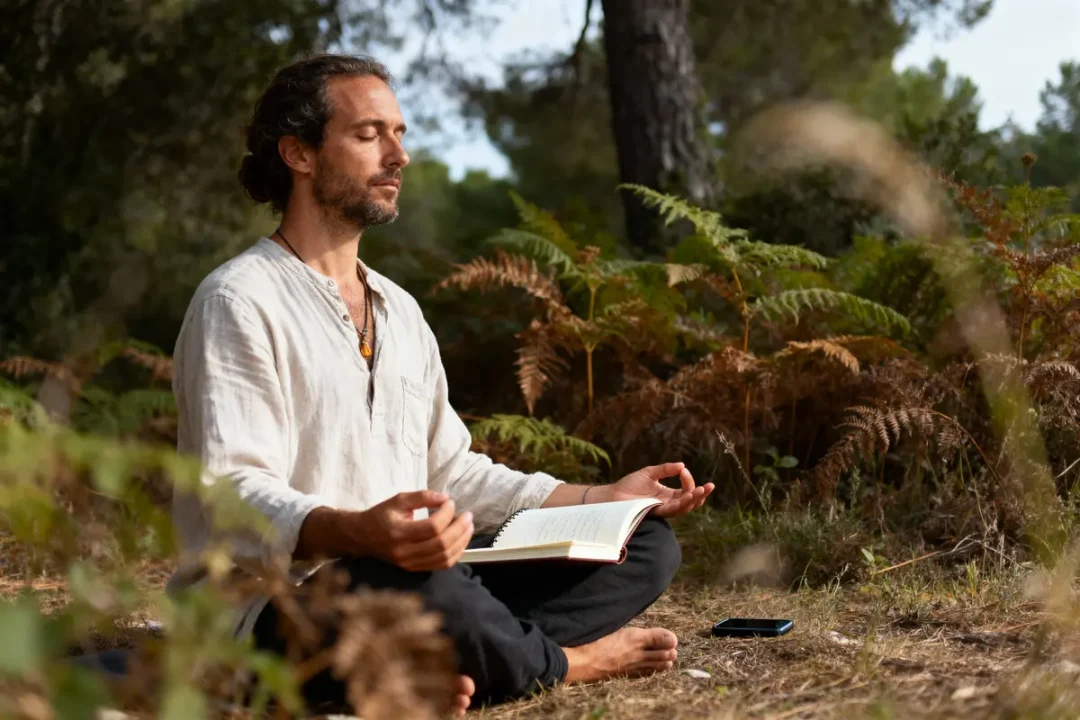 Homme méditant en pleine nature, yeux fermés, tenant un livre ouvert, téléphone posé au sol.