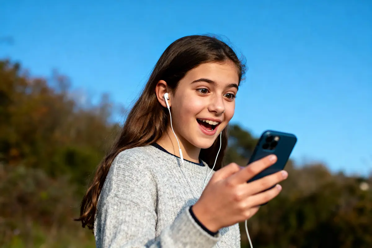 Jeune fille souriante avec écouteurs, tenant un smartphone, fond de ciel bleu et nature floue.