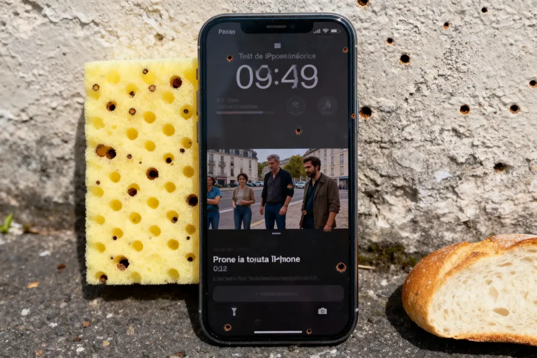 Smartphone appuyé contre éponge percée, pain à côté, devant mur texturé. Écran affiche heure matinale.