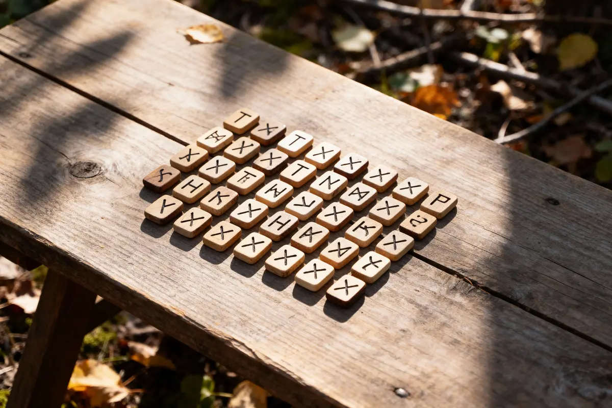 Carrés en bois gravés de symboles runiques, disposés en grille sur une table en bois, éclairés par le soleil.