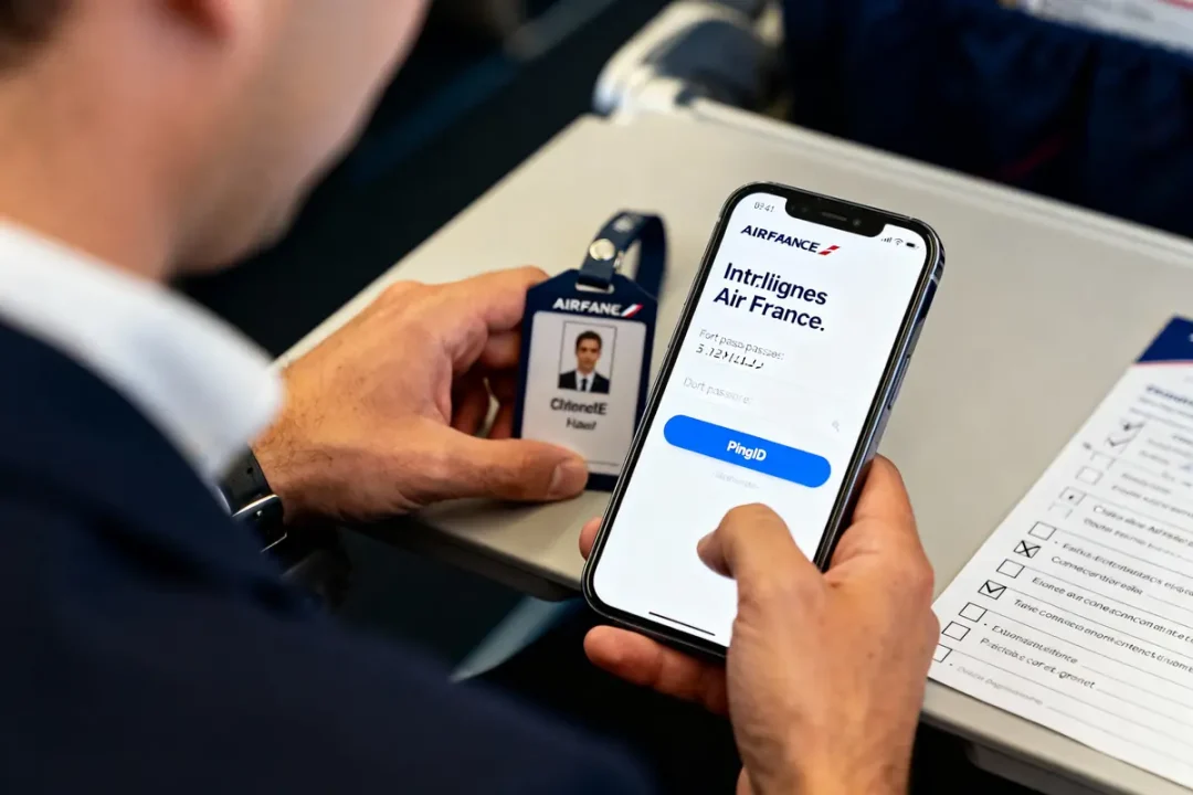 Personne utilisant une application Air France sur smartphone, tenant un badge, check-list sur tablette d'avion.