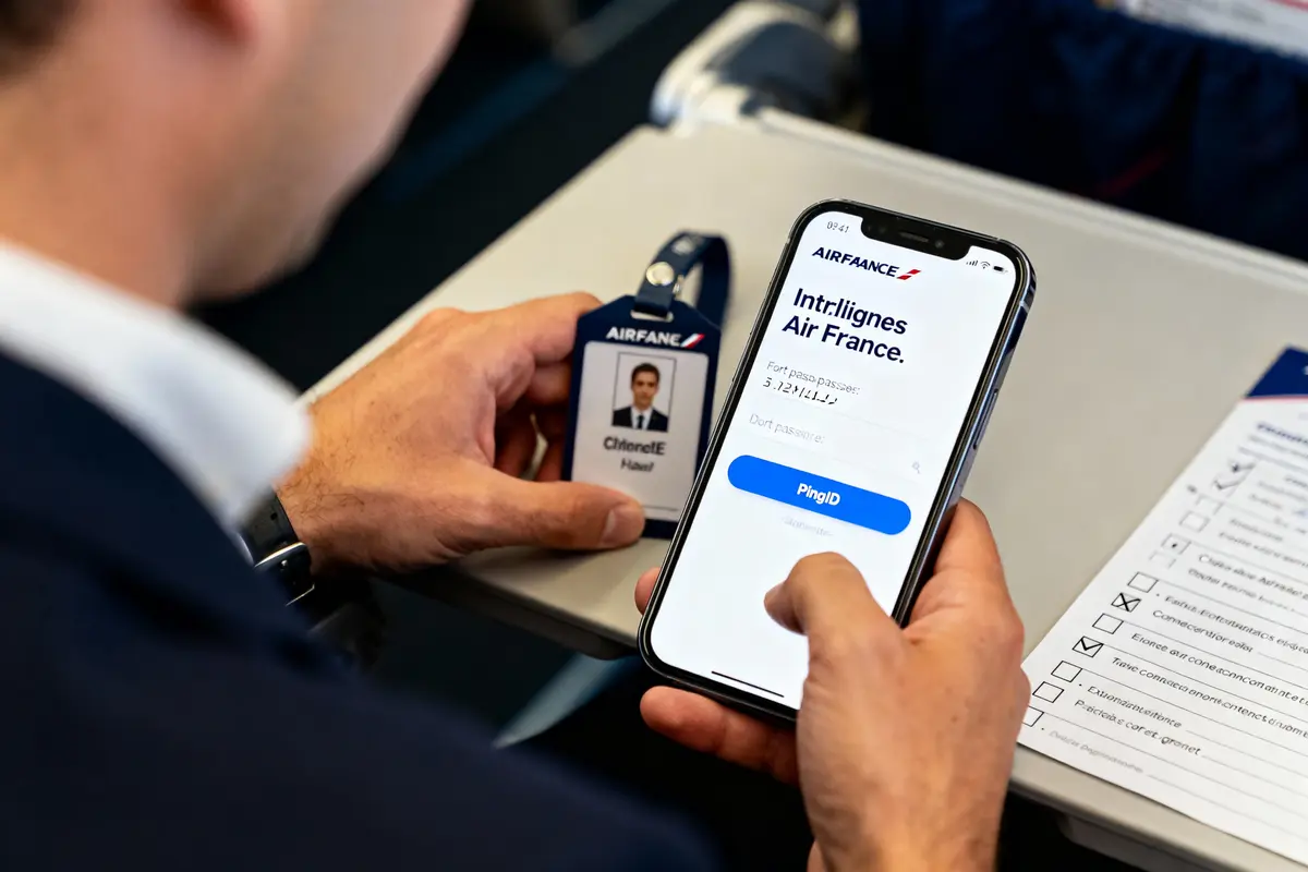 Personne utilisant une application Air France sur smartphone, tenant un badge, check-list sur tablette d'avion.
