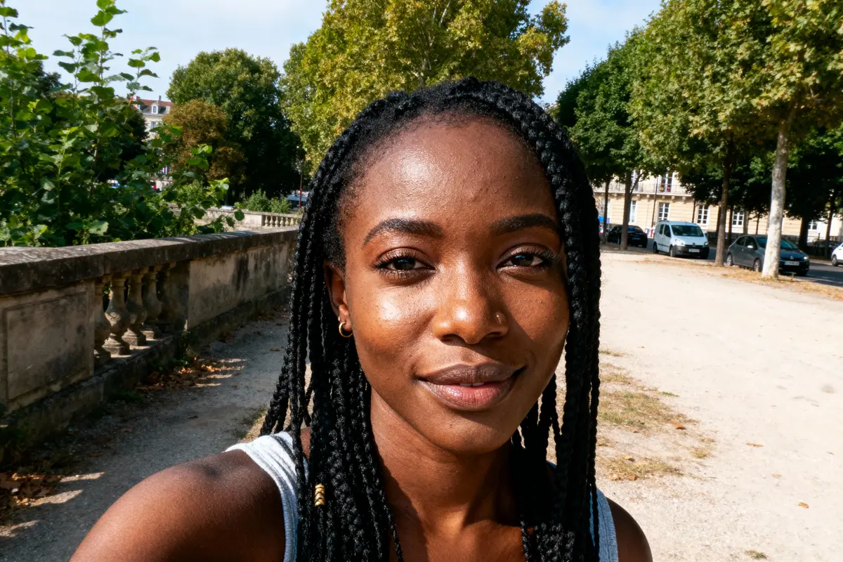 Femme souriante avec tresses marche sur chemin ombragé, arbres et voitures en arrière-plan. Journée ensoleillée.