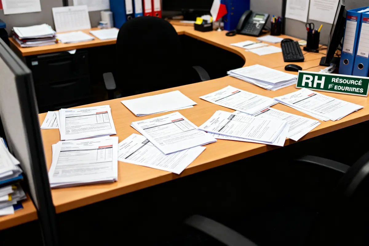 Bureau encombré de dossiers et papiers administratifs, ordinateur, téléphone, et enseigne marquée "RH Ressources Humaines".