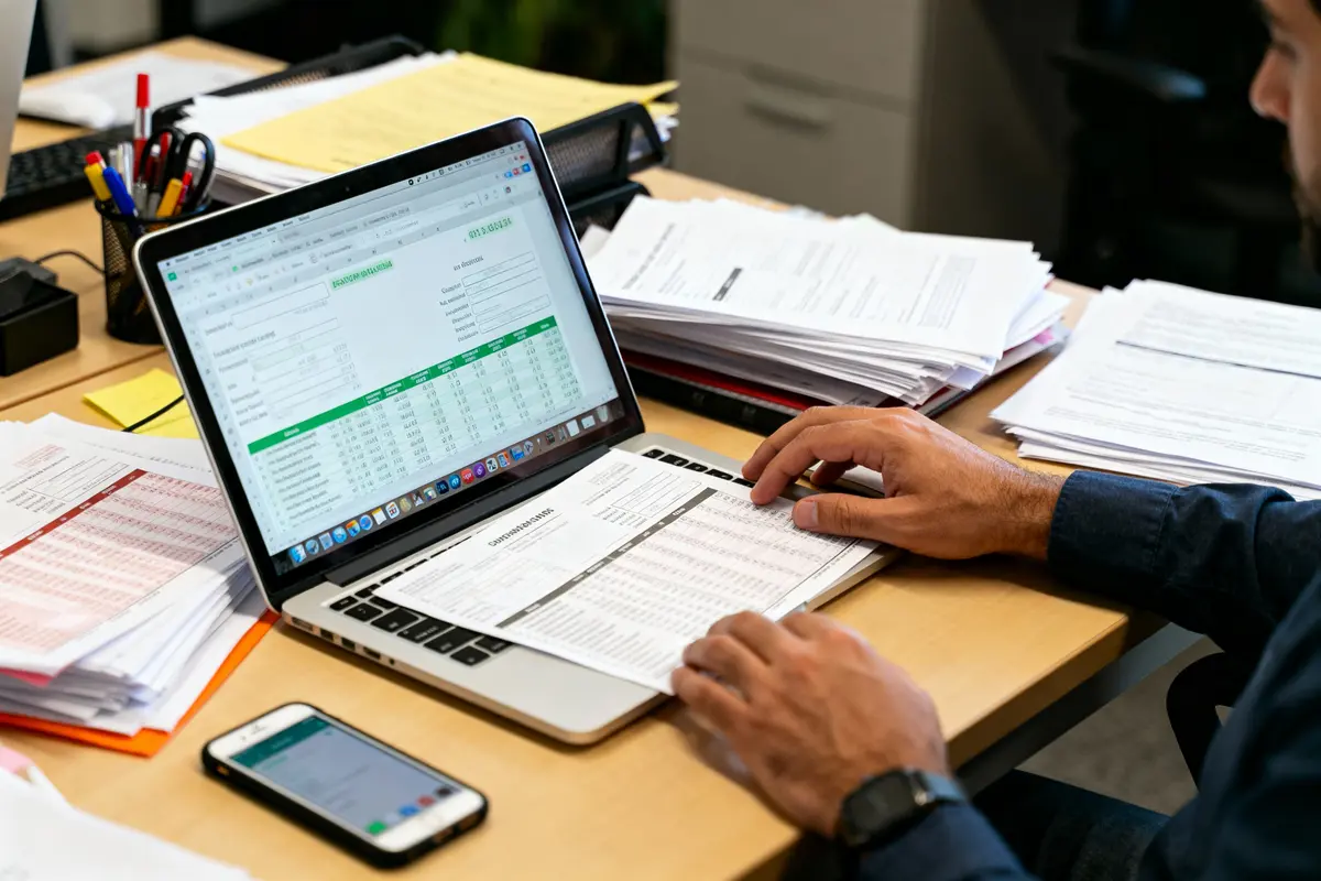 Personne travaillant sur ordinateur portable avec tableur, papiers, smartphone sur bureau encombré.