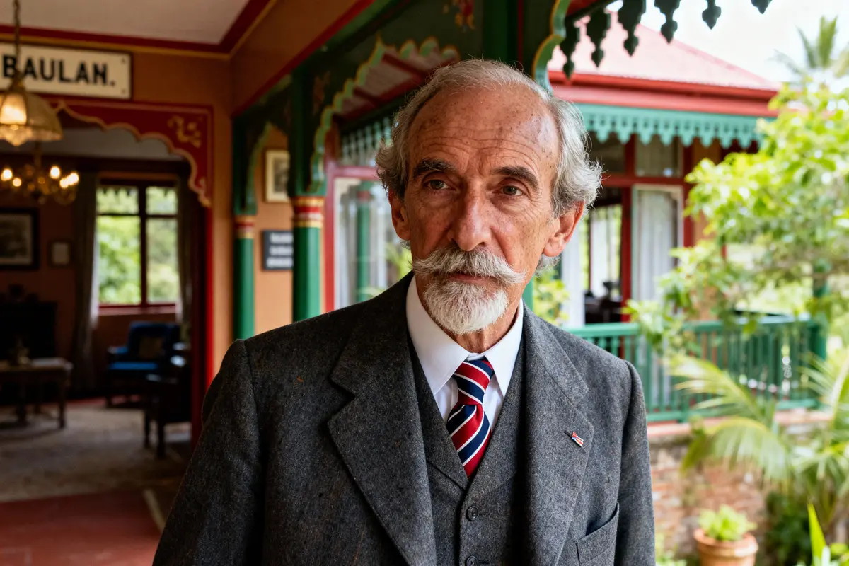 Homme âgé, barbe blanche, costume gris, cravate rayée, intérieur coloré, décor traditionnel, ambiance élégante et historique.