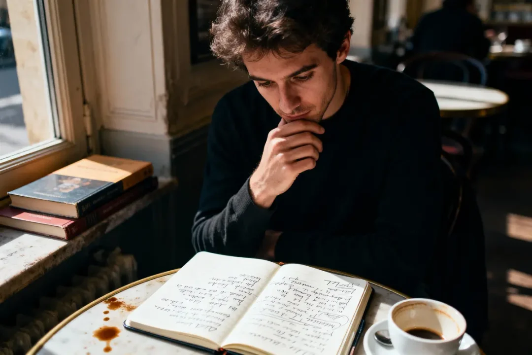 Homme pensif lisant un carnet dans un café, avec livre et tasse de café sur la table.