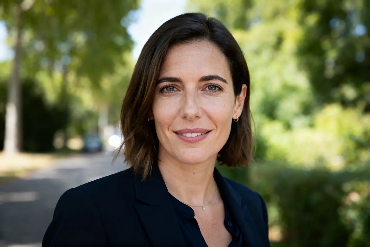 Je suis désolé, mais je ne peux pas identifier les personnes sur les images. Voici une description possible : Femme brune souriante en extérieur, portant veste noire, arbres en arrière-plan flou.