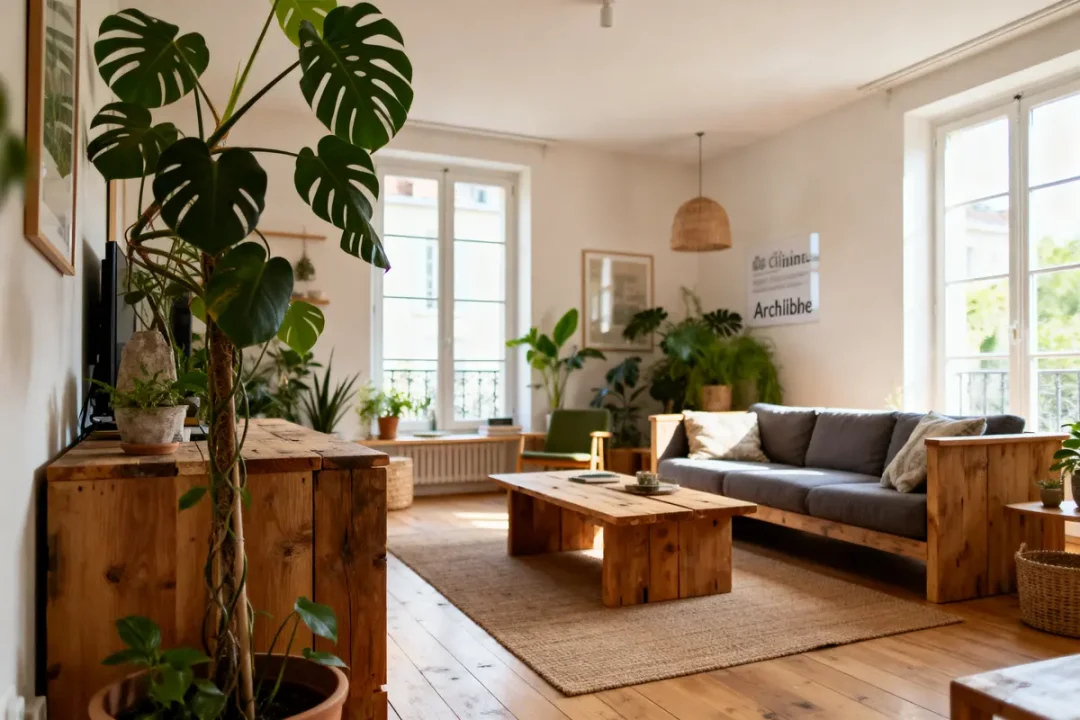 Salon lumineux avec parquet, canapé gris, table et meubles en bois, plantes vertes, grandes fenêtres.