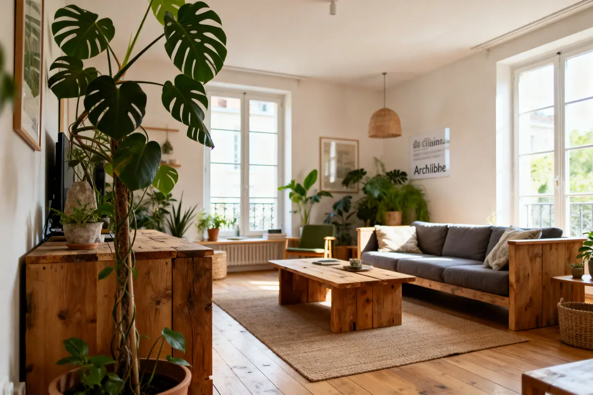 Salon lumineux avec parquet, canapé gris, table et meubles en bois, plantes vertes, grandes fenêtres.