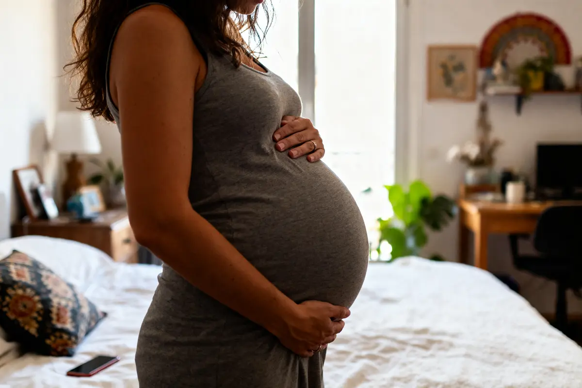 Femme enceinte en robe grise, tenant son ventre, dans une chambre lumineuse avec lit et bureau en arrière-plan.
