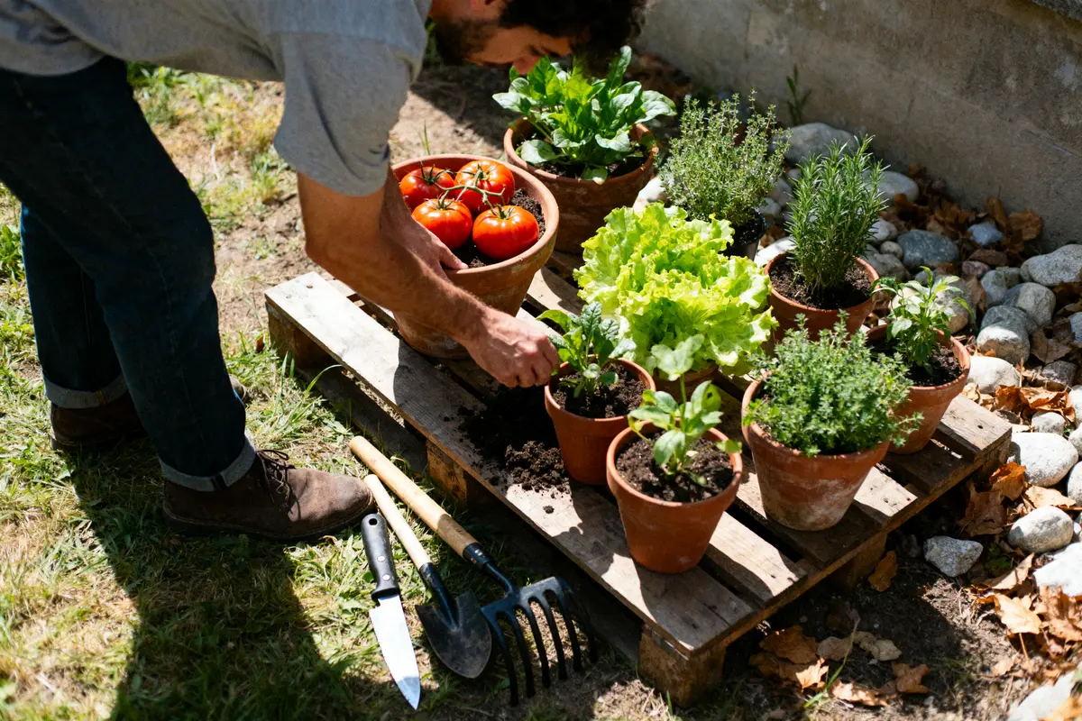 Personne jardinant avec des pots de tomates, laitue, herbes aromatiques sur palette en bois, outils au sol.