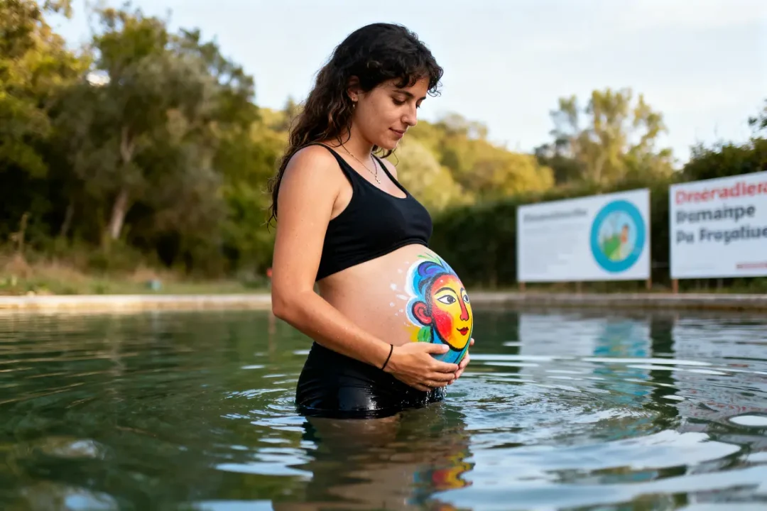Femme enceinte dans l'eau, peinture colorée visage sur son ventre, nature en arrière-plan.