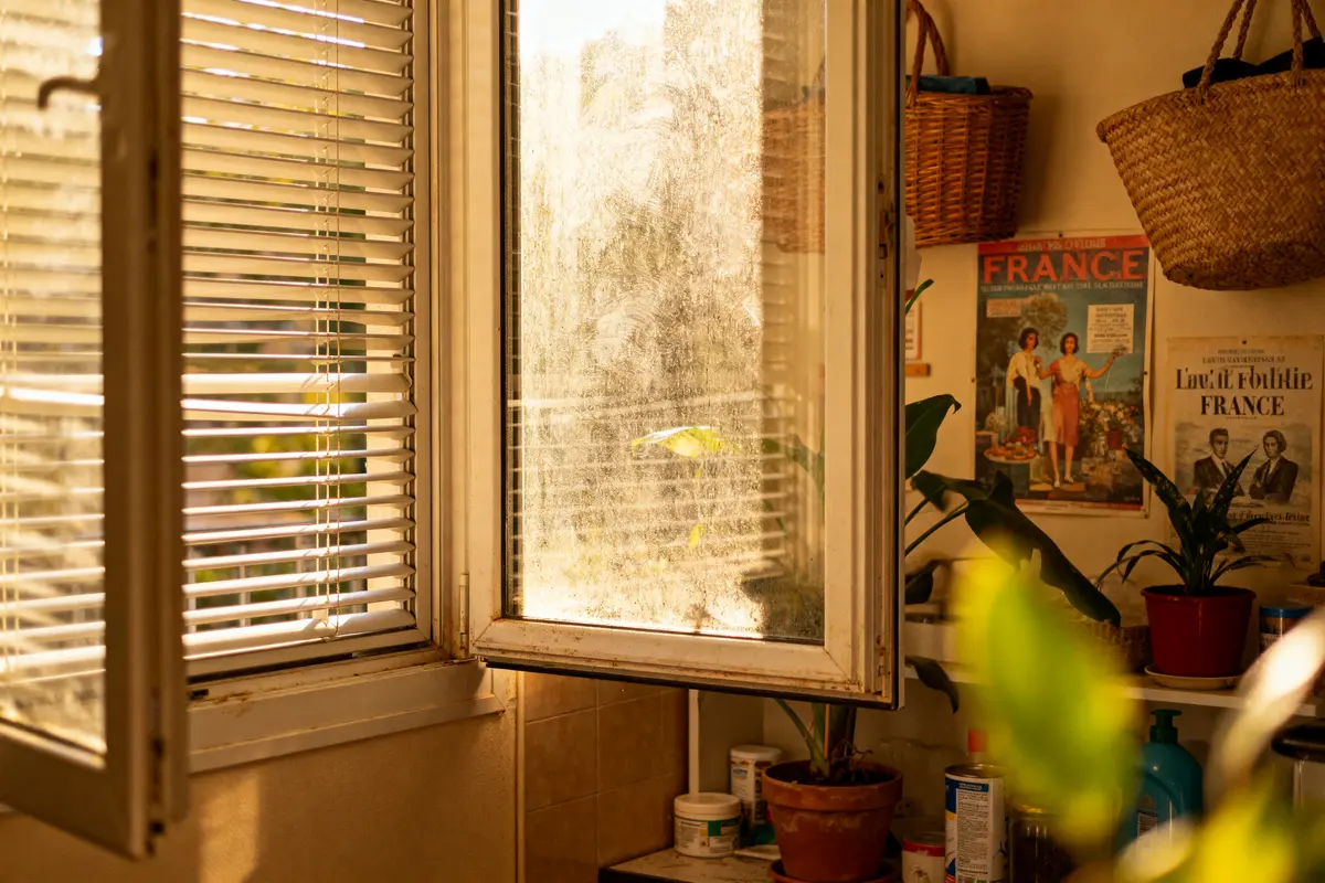 Fenêtre ouverte avec lumière chaude, plantes en pot, affiches vintage sur le mur, ambiance intérieure paisible.