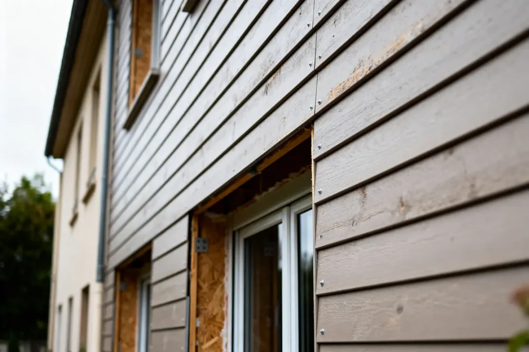 Revêtement extérieur en bois d'une maison avec des fenêtres et détails de construction visibles.