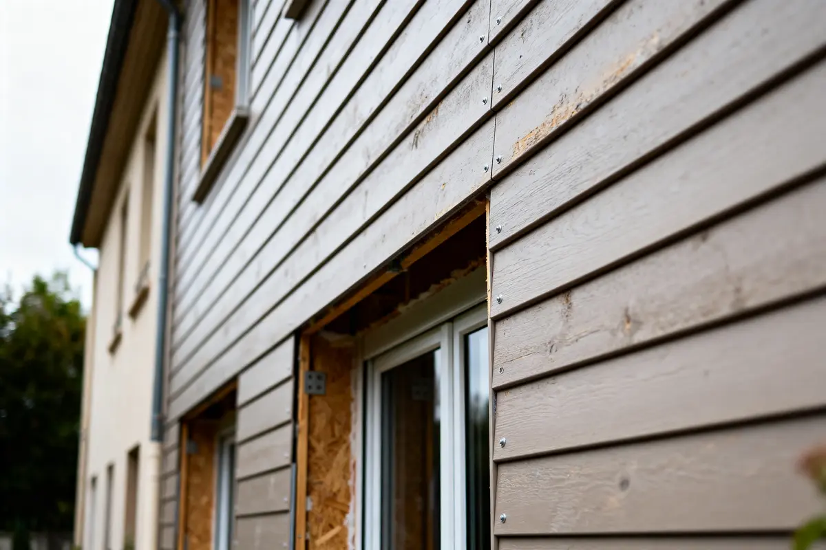 Revêtement extérieur en bois d'une maison avec des fenêtres et détails de construction visibles.