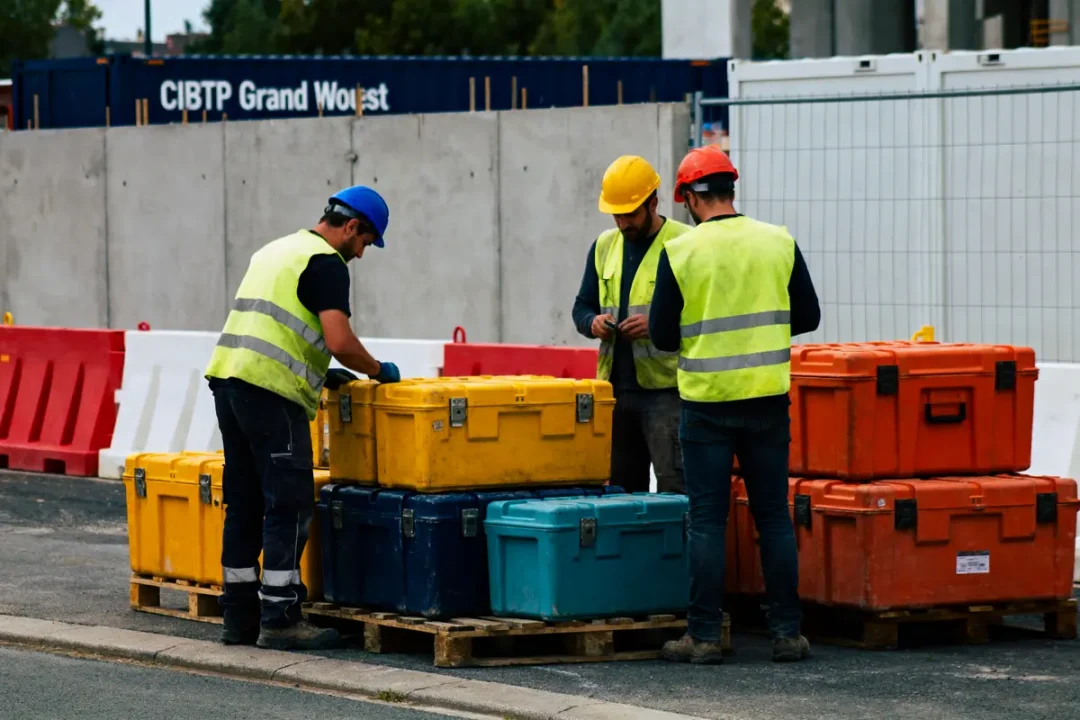 Trois ouvriers de chantier en gilets réfléchissants manipulent des caisses colorées sur palettes, site urbain en arrière-plan.