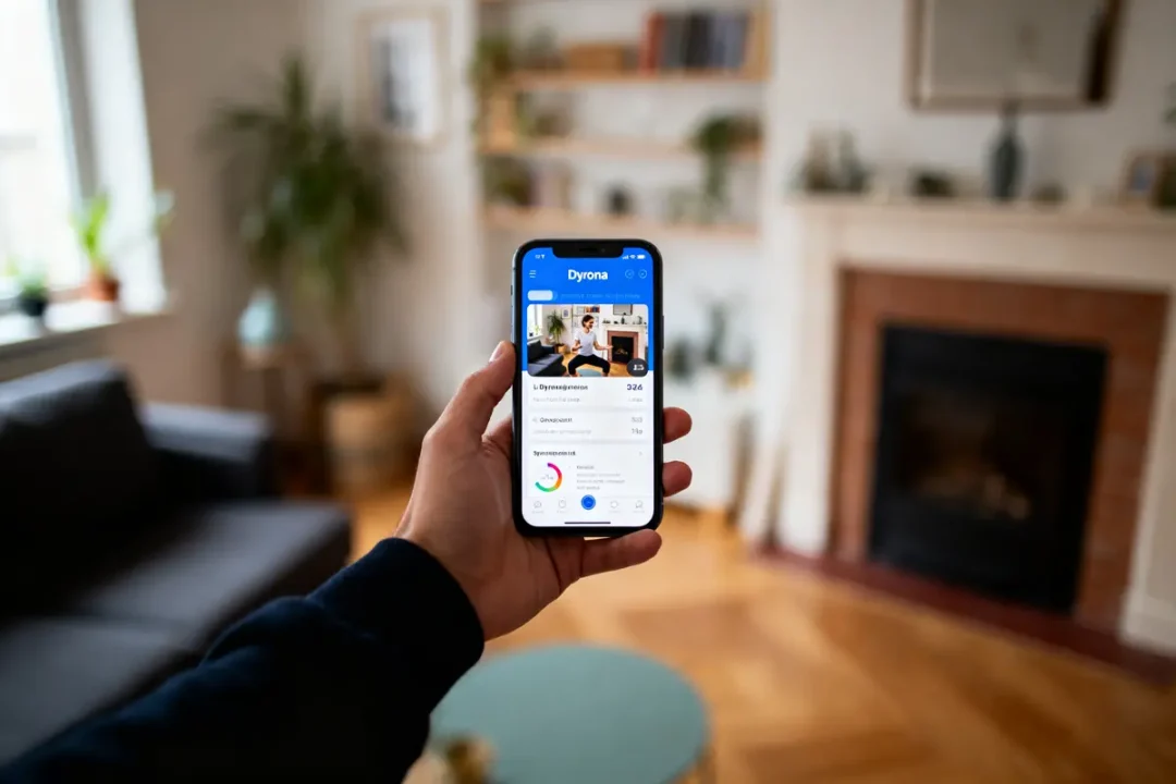 Une main tient un smartphone affichant une application, arrière-plan flou de salon avec cheminée.