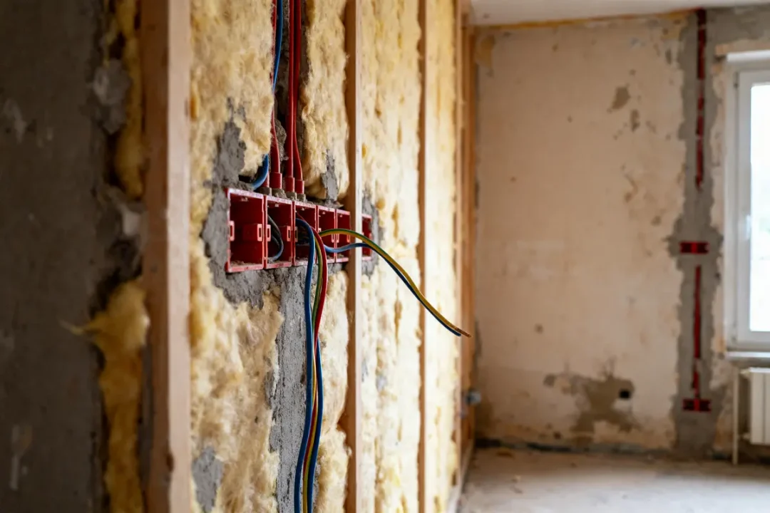 Murs de chantier avec isolant jaune, câblage électrique apparent et boîtes de jonction rouges, espace vide.