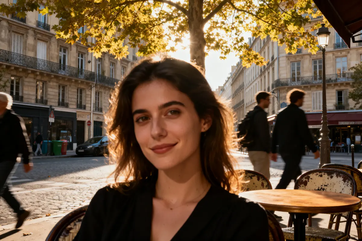 Femme souriante assise en terrasse, rue française animée, arbres et immeubles en arrière-plan sous le soleil.