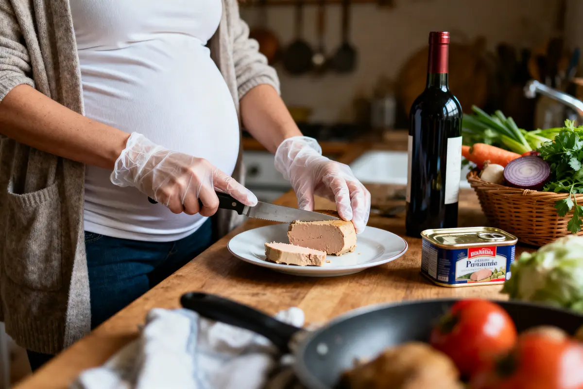 Femme enceinte coupant du pâté en cuisine, avec vin et légumes à proximité.